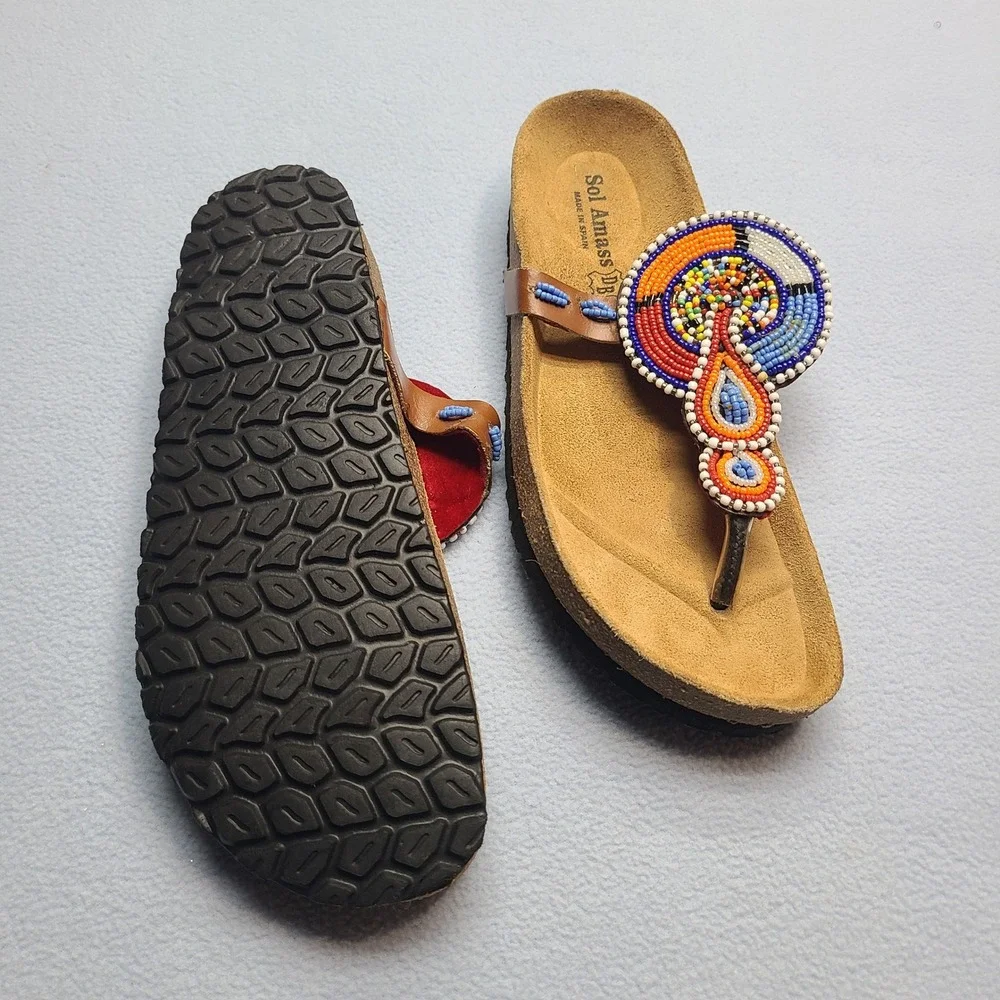 Sol Amass Beaded Thong Sandals Womens 37 Brown Excellent Boho Cork Slides - Picture 5 of 7